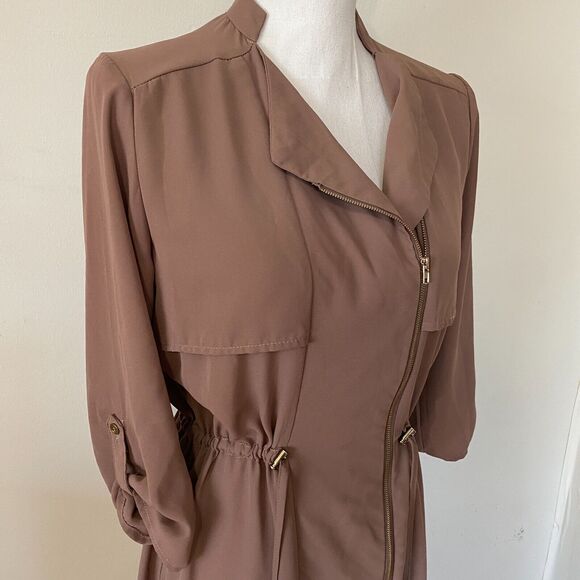 Spoon Milk Chocolate Utility Cinch Waist Tab Sleeve Shirtdress Front Zip S - Picture 2 of 12